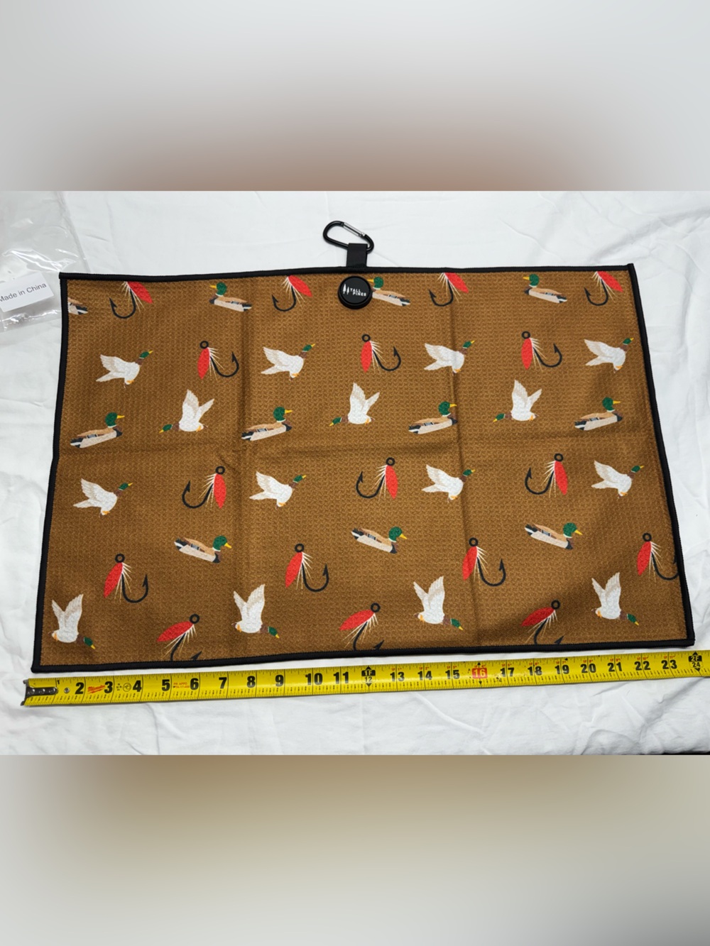 Golf Towel Brown Duck & fly fishing hooks Pattern carabiner & magnet
